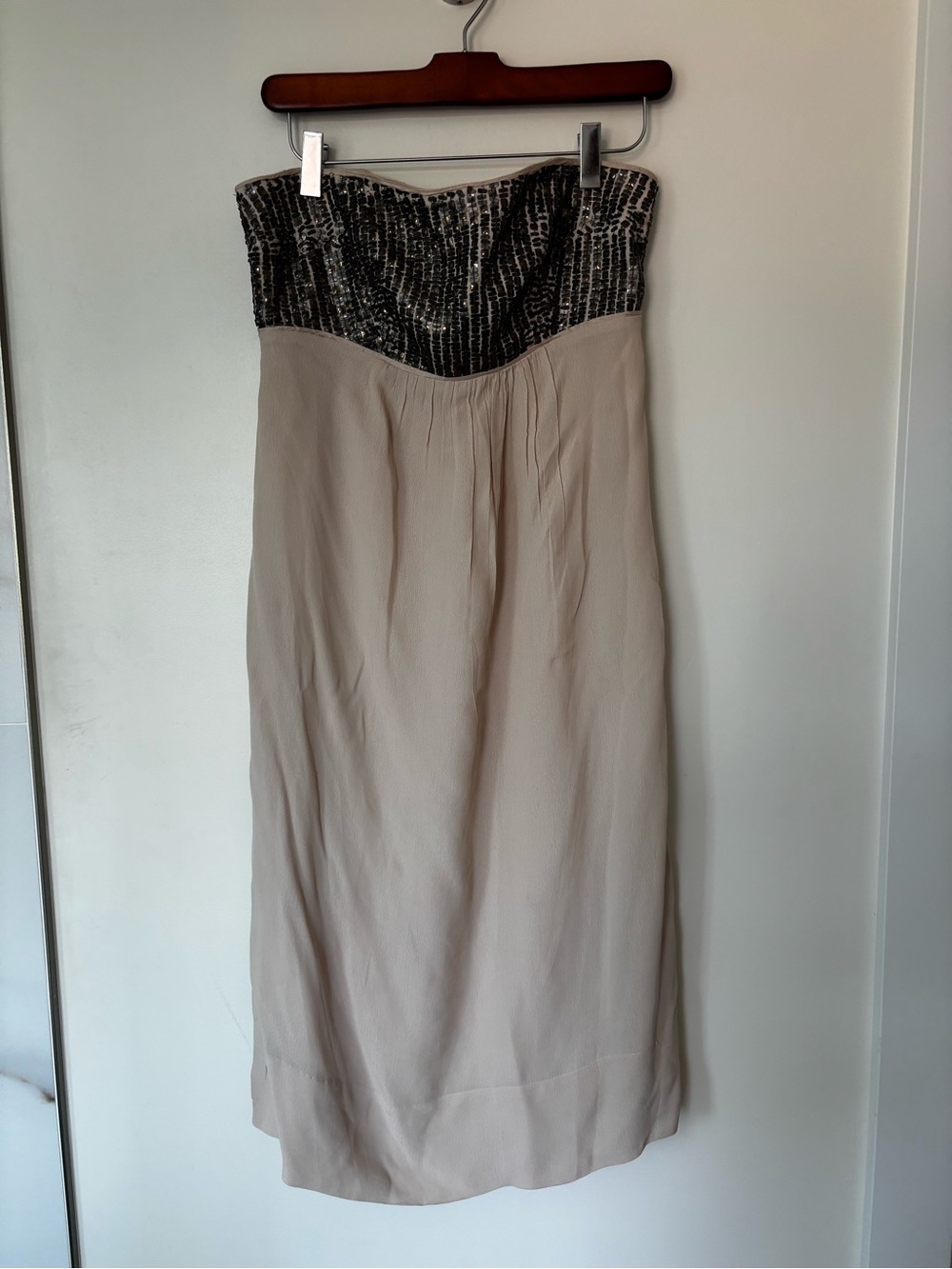 Anthropologie Beige Strapless Dress with Black Sequin Bodice